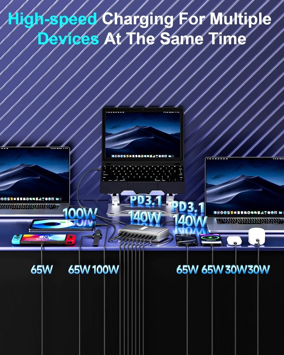 800W USB C Fast Charger Block, 10 Port USB Charging Station, GaN Ⅲ Pro Dual 140W PD PPS Port Charger Compatible