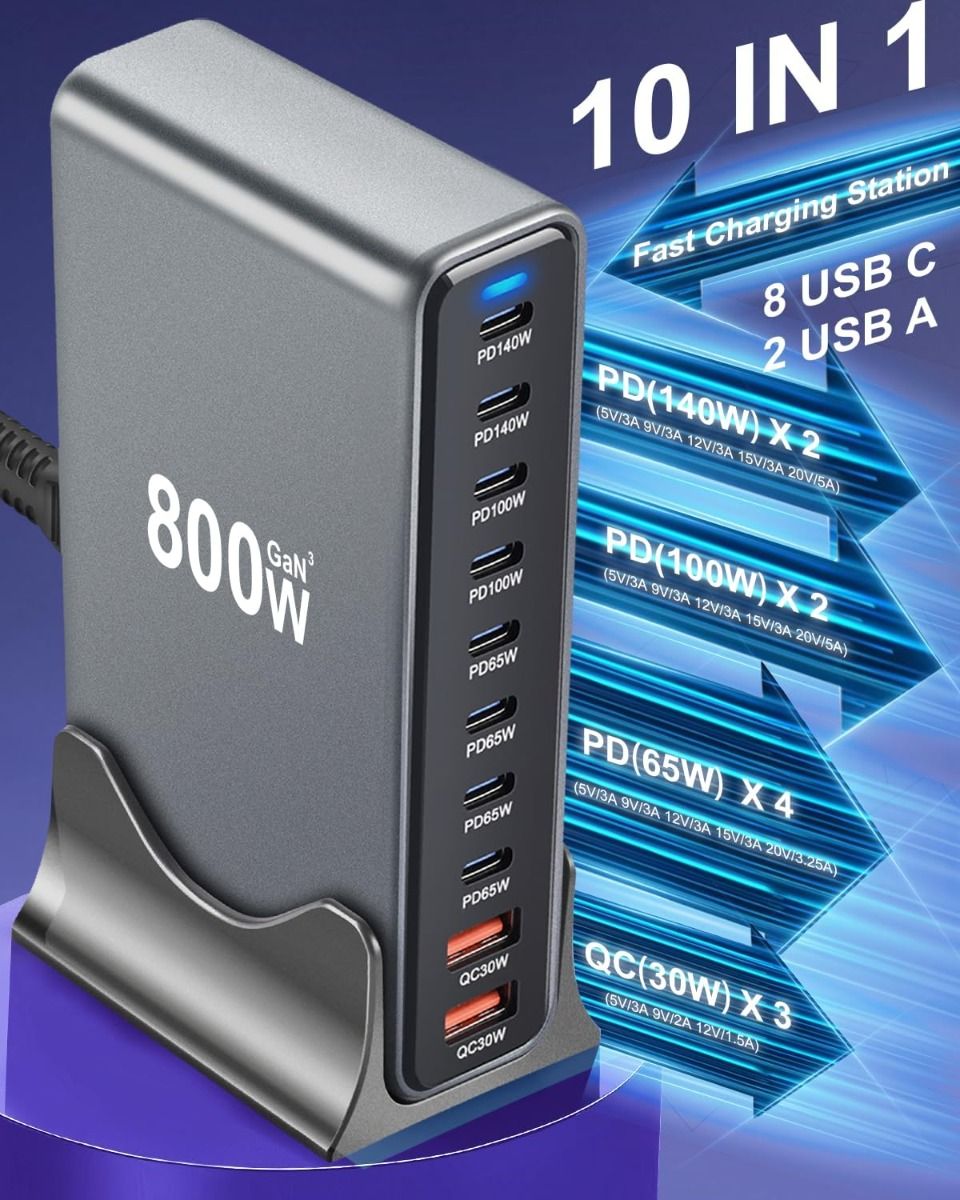 800W USB C Fast Charger Block, 10 Port USB Charging Station, GaN Ⅲ Pro Dual 140W PD PPS Port Charger Compatible