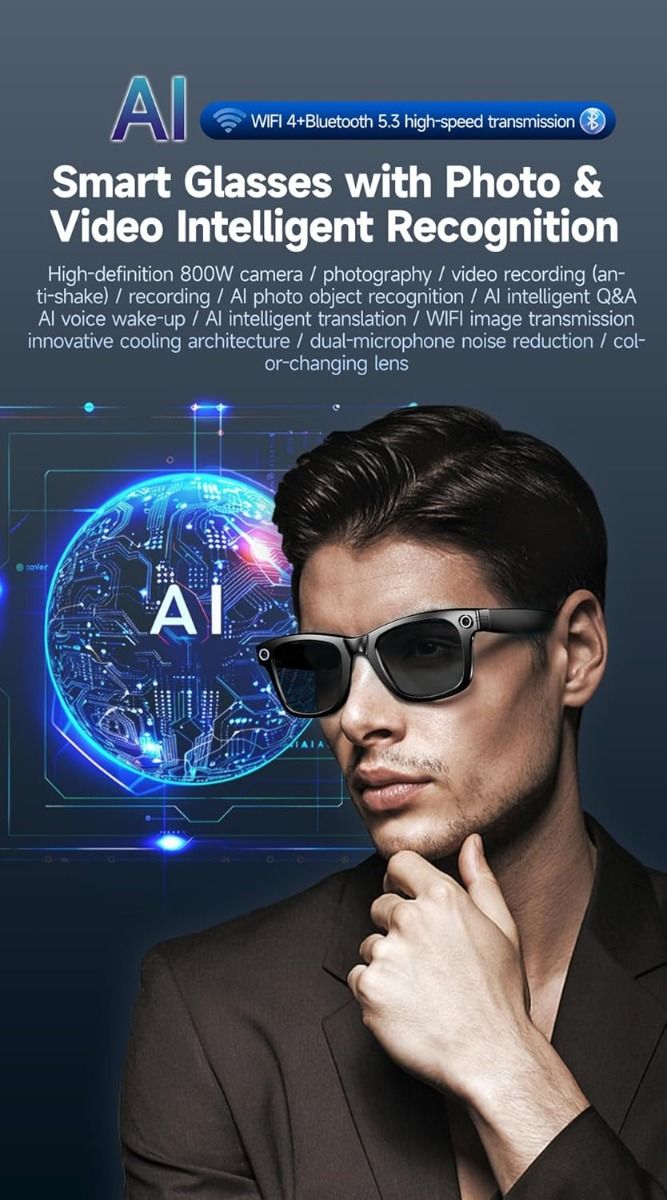 AI Smart Translation Glasses, Smart Glasses with Camera and Bluetooth, AI Glasses for Calls & Musi,UV Protection,Anti-Blue Light Glasses Everyday Wear