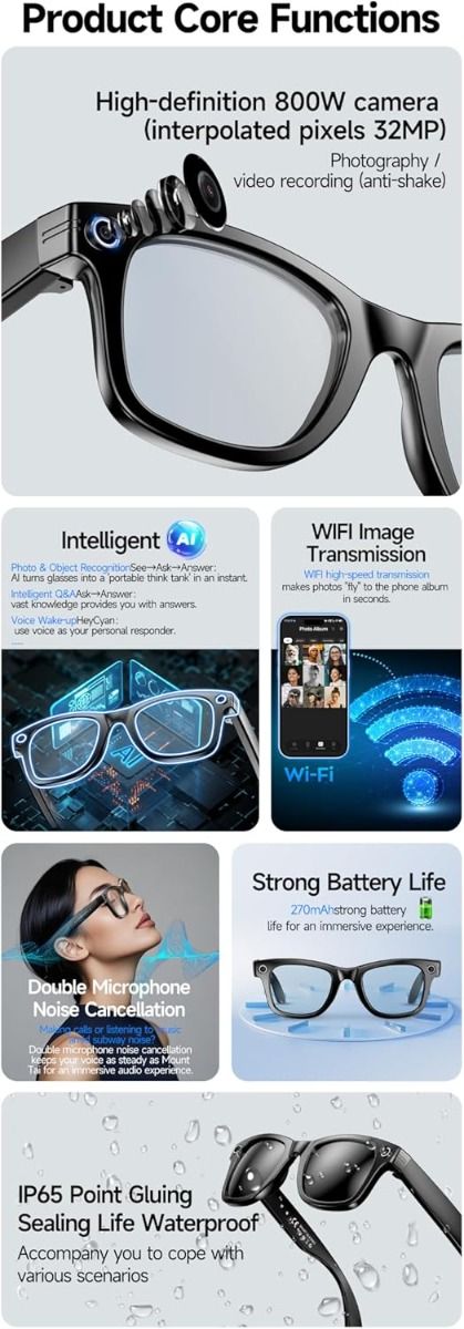 AI Smart Translation Glasses, Smart Glasses with Camera and Bluetooth, AI Glasses for Calls & Musi,UV Protection,Anti-Blue Light Glasses Everyday Wear