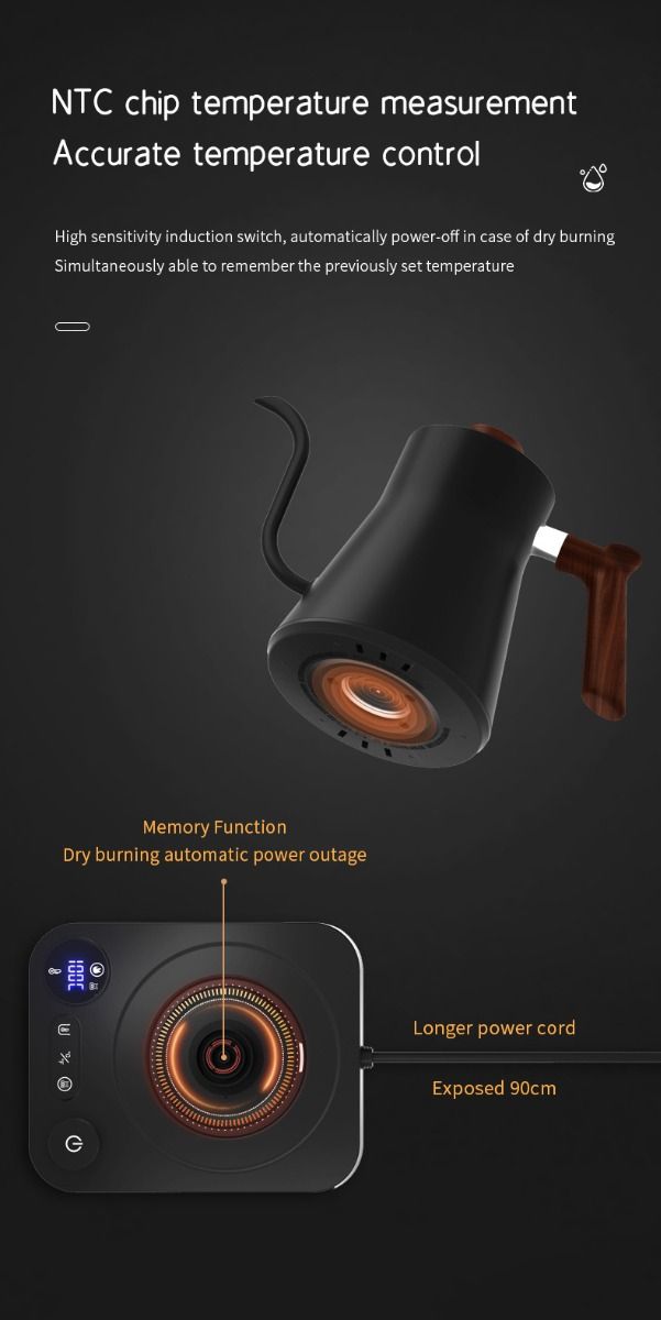 Electric Gooseneck Kettle Real-Time Temperature Control 1200-Watt Quick Heating Safe Design Precision Pouring