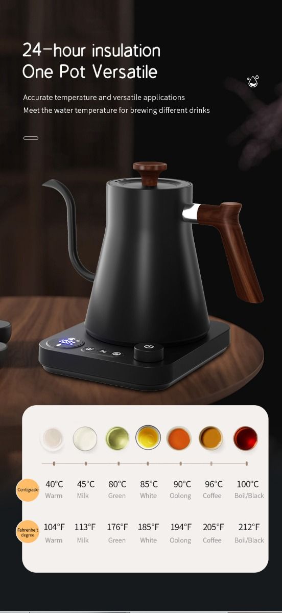 Electric Gooseneck Kettle Real-Time Temperature Control 1200-Watt Quick Heating Safe Design Precision Pouring