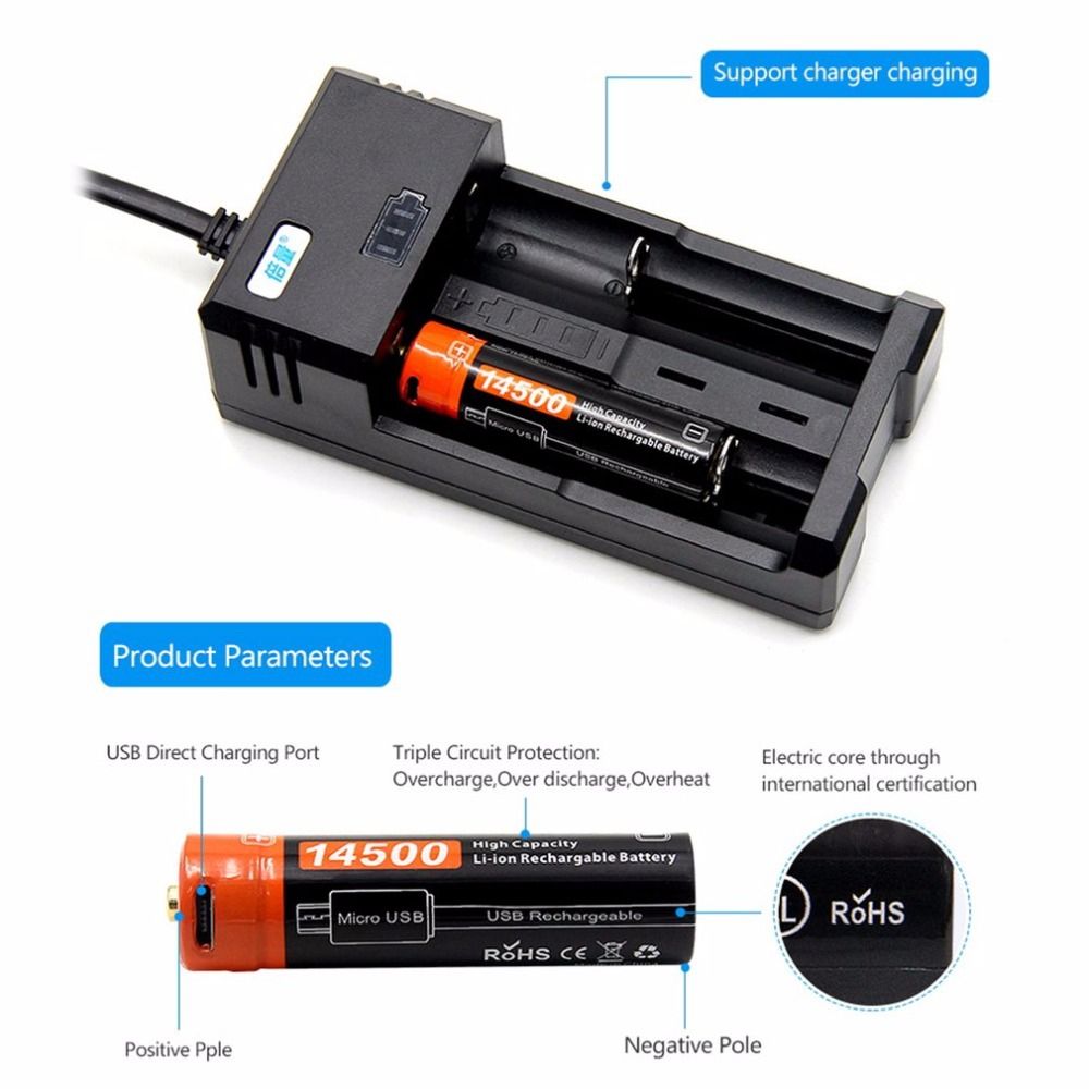 Doublepow 14500 750mAh rechargeable battery 3.7V Li-ion with Micro USB for high-drain devices camping