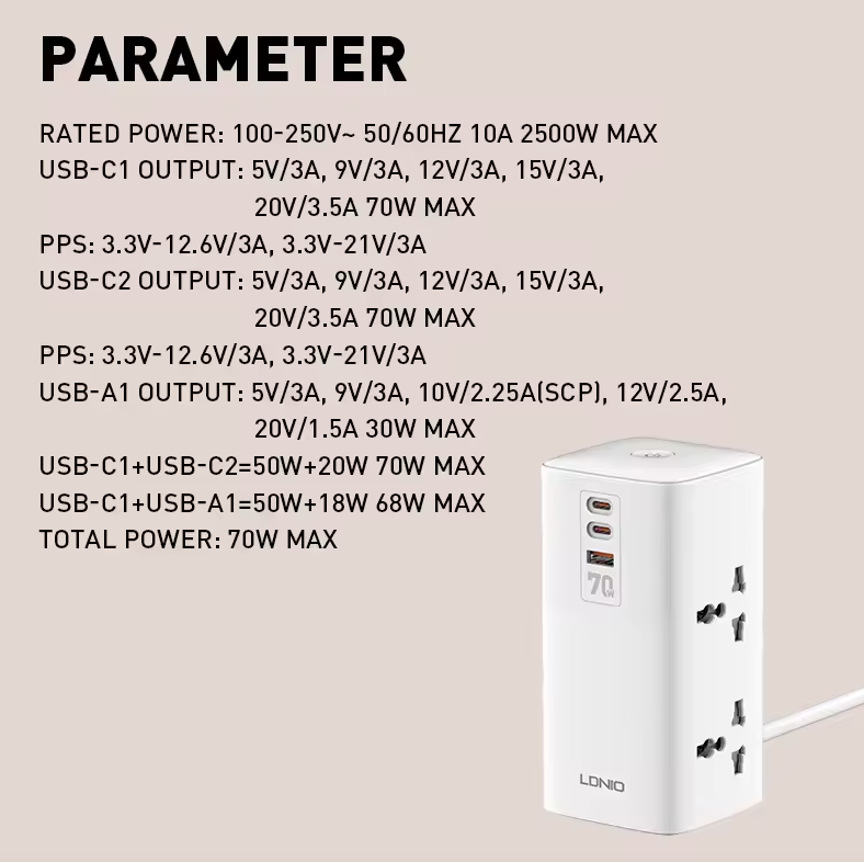 LDNIO Tower Multi Tap Cube Power Strip Outlets 70W Charging Stations 4 Outlet Line Filter UK US EU Type Plug To Universal Adapter