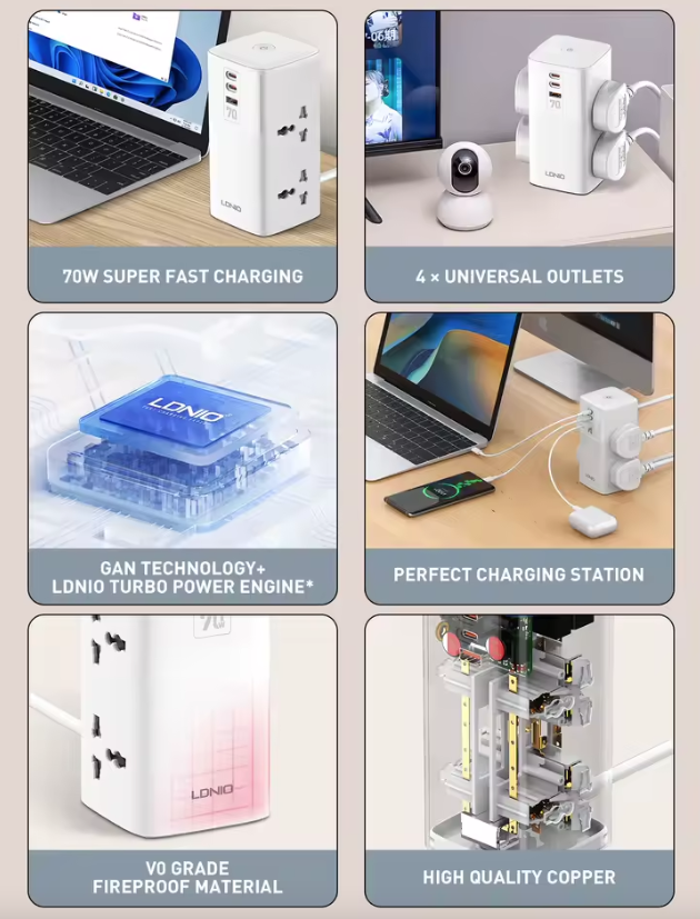 LDNIO Tower Multi Tap Cube Power Strip Outlets 70W Charging Stations 4 Outlet Line Filter UK US EU Type Plug To Universal Adapter