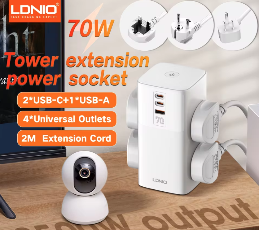 LDNIO Tower Multi Tap Cube Power Strip Outlets 70W Charging Stations 4 Outlet Line Filter UK US EU Type Plug To Universal Adapter