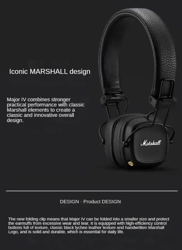 Marshall Major IV Bluetooth Headphones Classic Aesthetics Signature Sound Deep Bass Wireless Charging