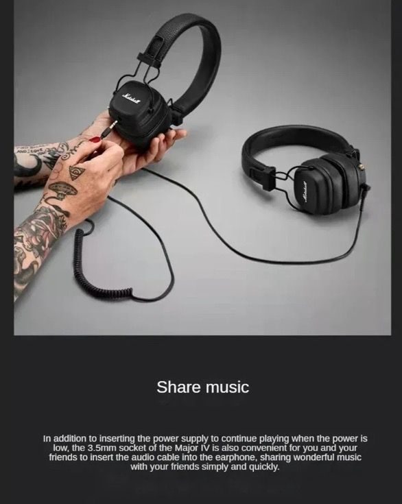 Marshall Major IV Bluetooth Headphones Classic Aesthetics Signature Sound Deep Bass Wireless Charging