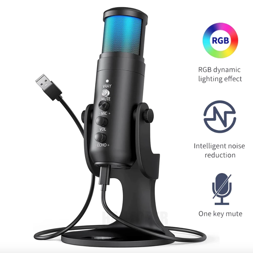 MU900PRO RGB USB Microphone for Streaming with Dynamic RGB Lighting and Cardioid Pickup Pattern for High Sound Quality