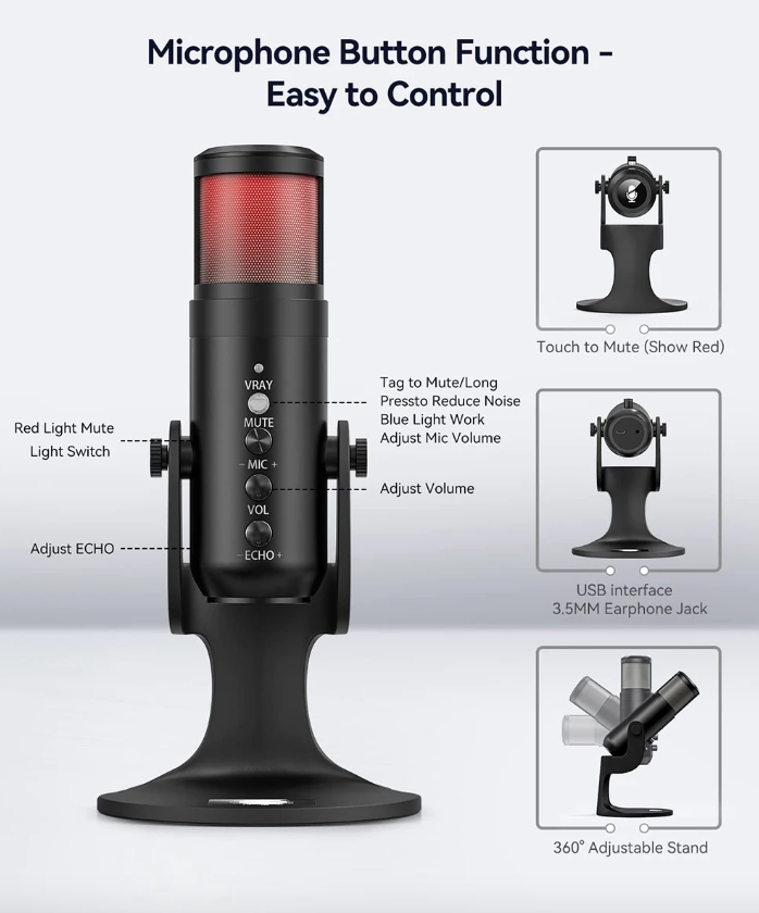 MU900PRO RGB USB Microphone for Streaming with Dynamic RGB Lighting and Cardioid Pickup Pattern for High Sound Quality