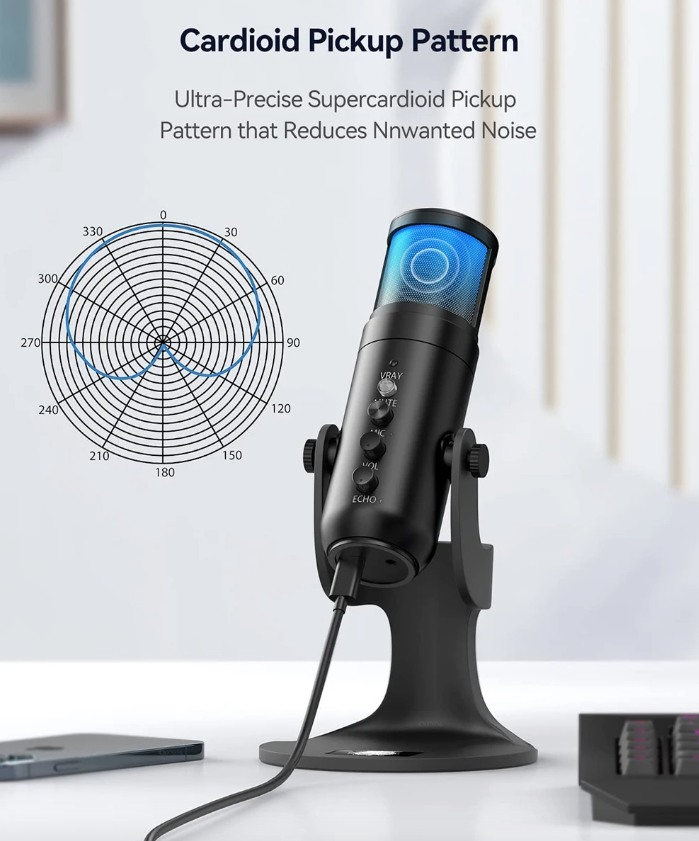 MU900PRO RGB USB Microphone for Streaming with Dynamic RGB Lighting and Cardioid Pickup Pattern for High Sound Quality