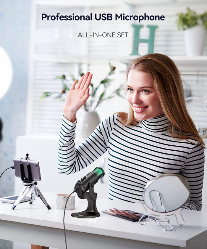 MU900PRO RGB USB Microphone for Streaming with Dynamic RGB Lighting and Cardioid Pickup Pattern for High Sound Quality