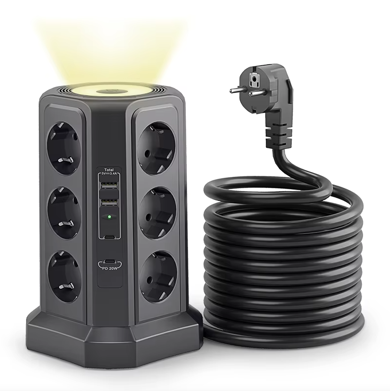 EU Multi-socket surge Protector 4000W 16A with USB port, multi-plug with night light