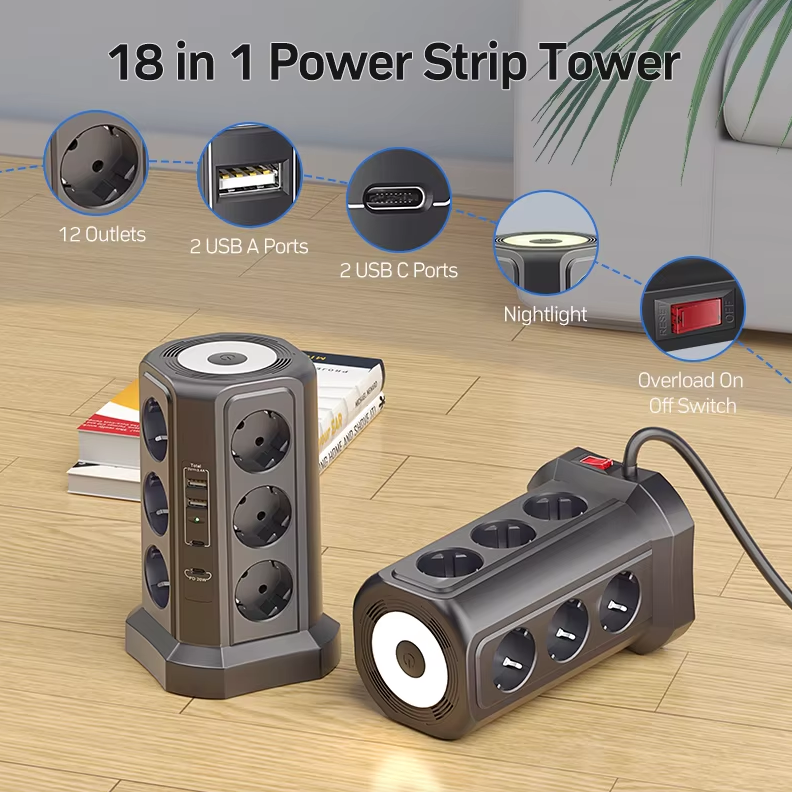 EU Multi-socket surge Protector 4000W 16A with USB port, multi-plug with night light