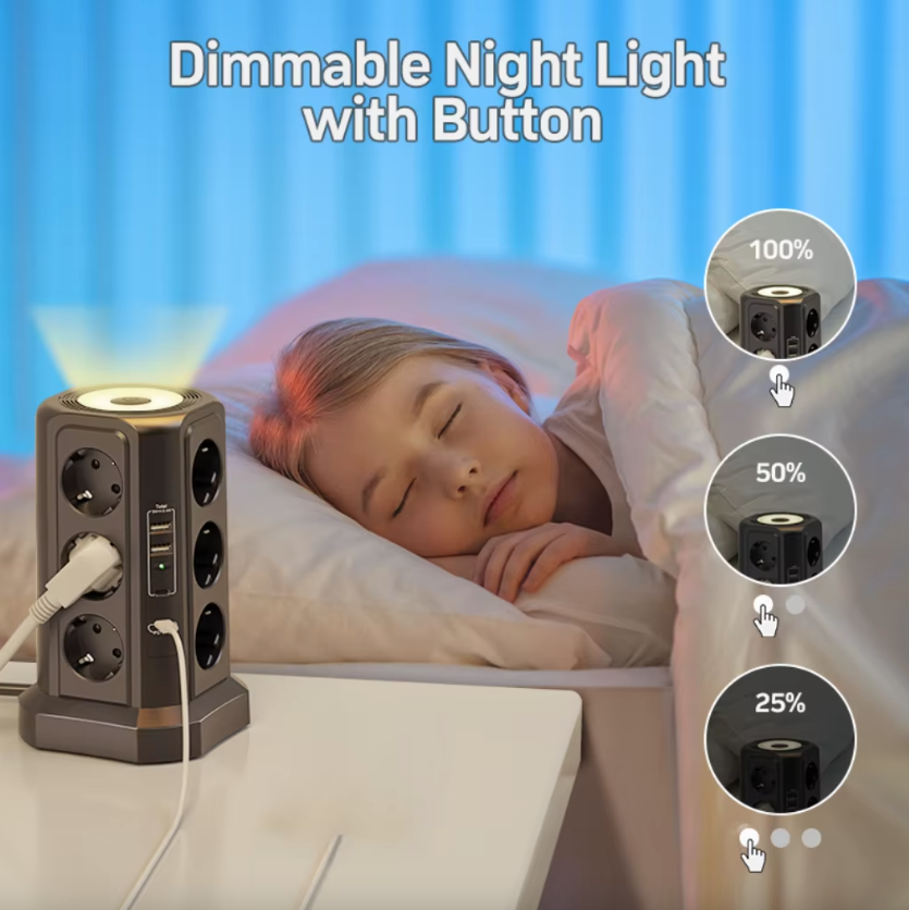 EU Multi-socket surge Protector 4000W 16A with USB port, multi-plug with night light