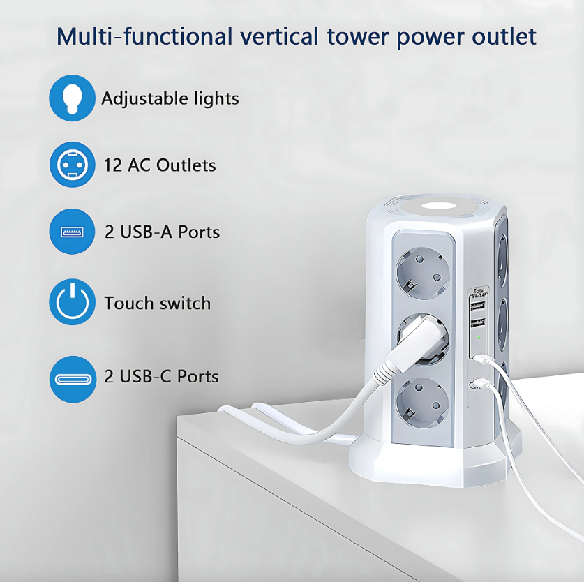 EU Multi-socket surge Protector 4000W 16A with USB port, multi-plug with night light