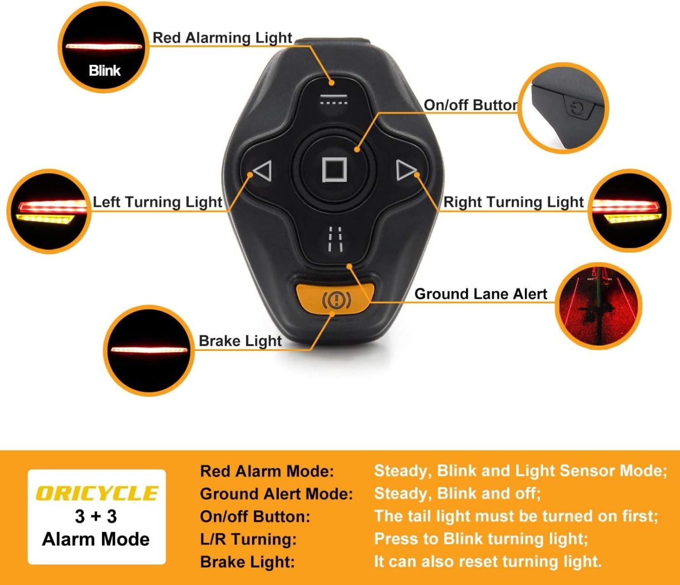 C1 Rechargeable Bike Tail Light LED - Remote Control, Turning Lights, Ground Lane Alert, Easy Installation for Cycling Safety Warning Light