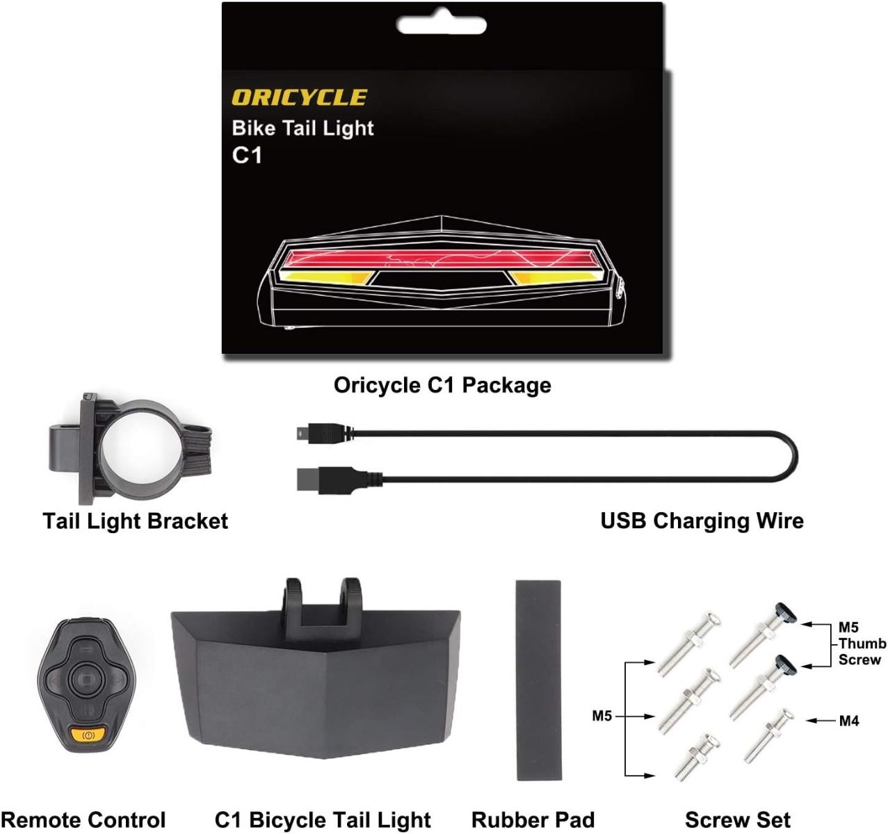 C1 Rechargeable Bike Tail Light LED - Remote Control, Turning Lights, Ground Lane Alert, Easy Installation for Cycling Safety Warning Light