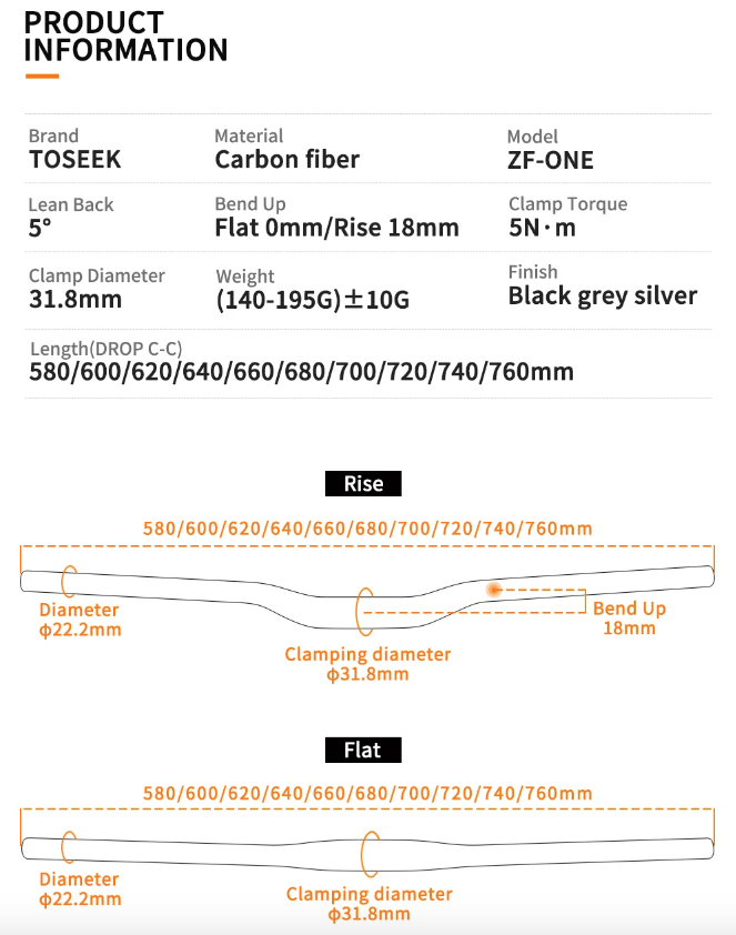 TOSEEK ZF-ONE MTB Carbon Handlebar 31.8mm Lightweight Matt Black 580mm 760mm Ergonomic Design Premium Quality