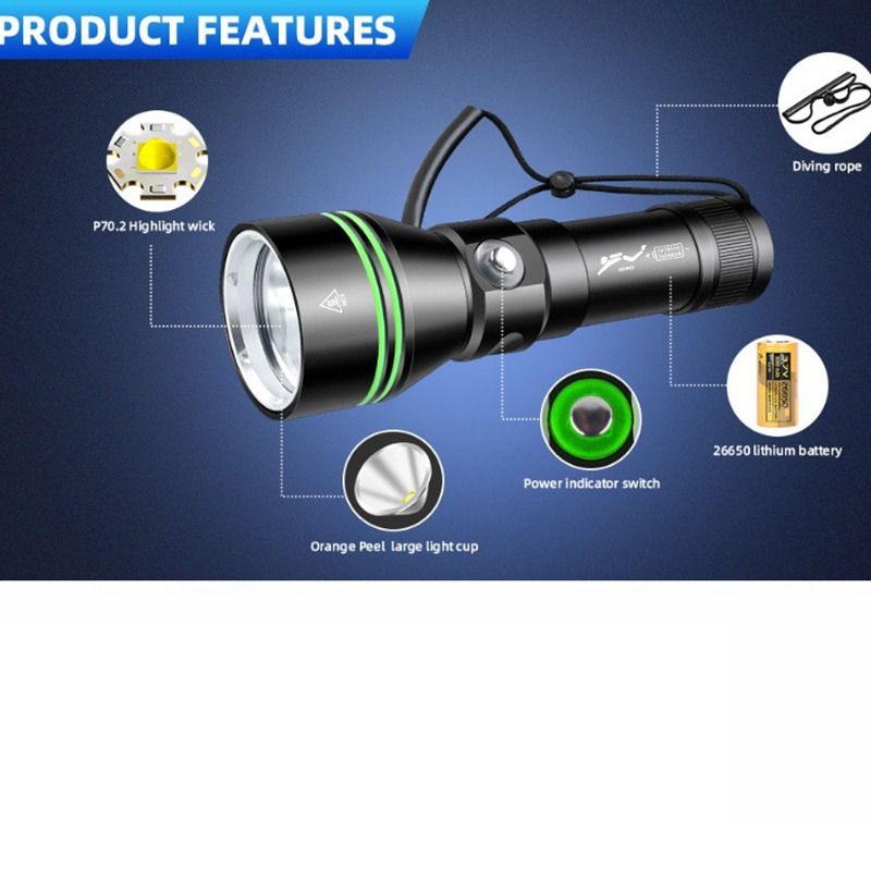 P70 Diving Flashlight, Dive Torch 5000 Lumen Super Bright Flash Lights, IPX8 Underwater Waterproof Night Dive Torch 200 Meters Submersible Light