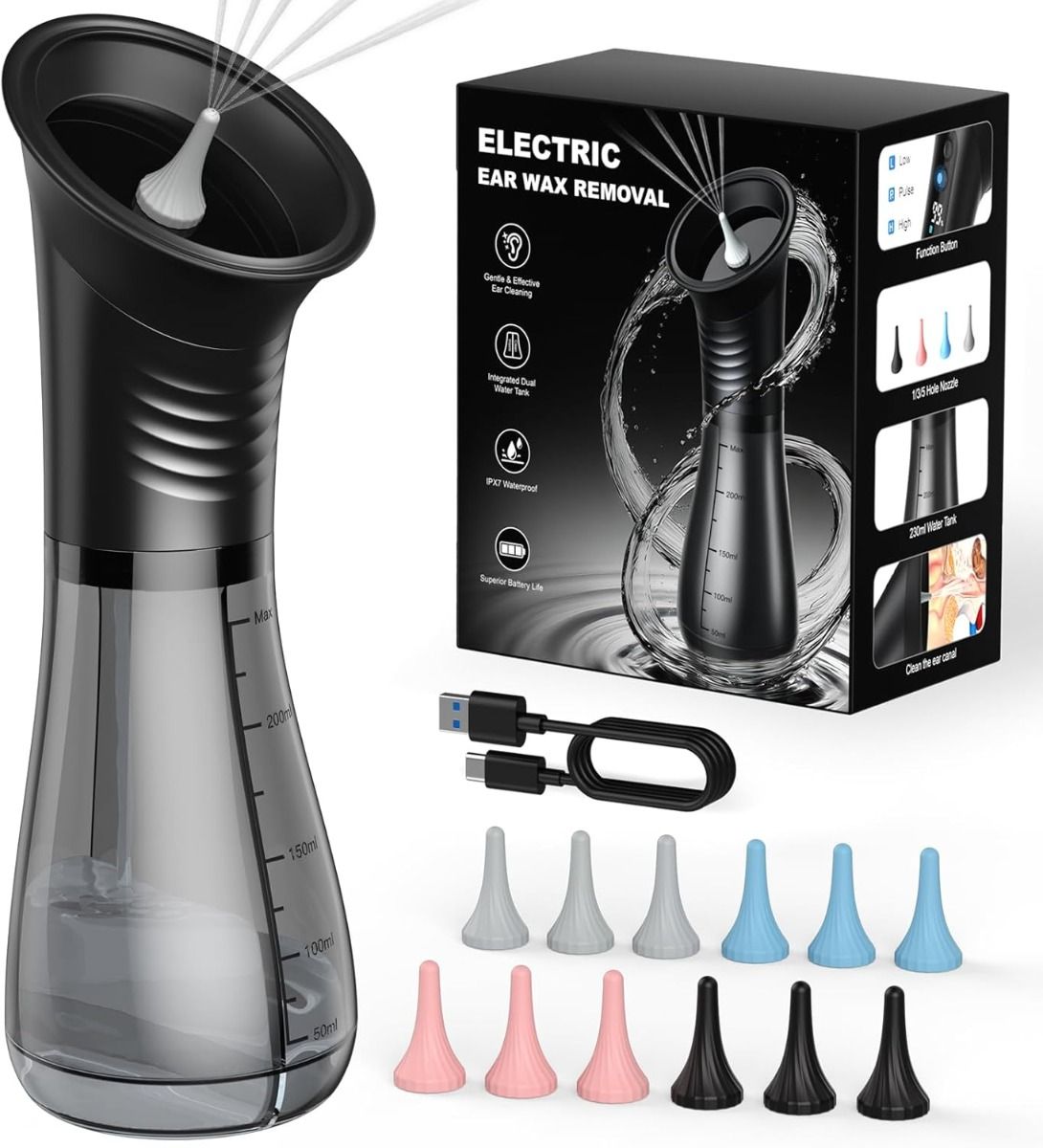 Electric Ear Wax Removal Tool for Adults, IPX7, With Irrigation Flushing System for Tinnitus Relief