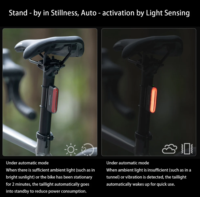 ROCKBROS Magnetic Bike Taillight IPX6 Waterproof 7 kinds Mode Smart Sensor Night Safety Warning Light Cycling Accessories