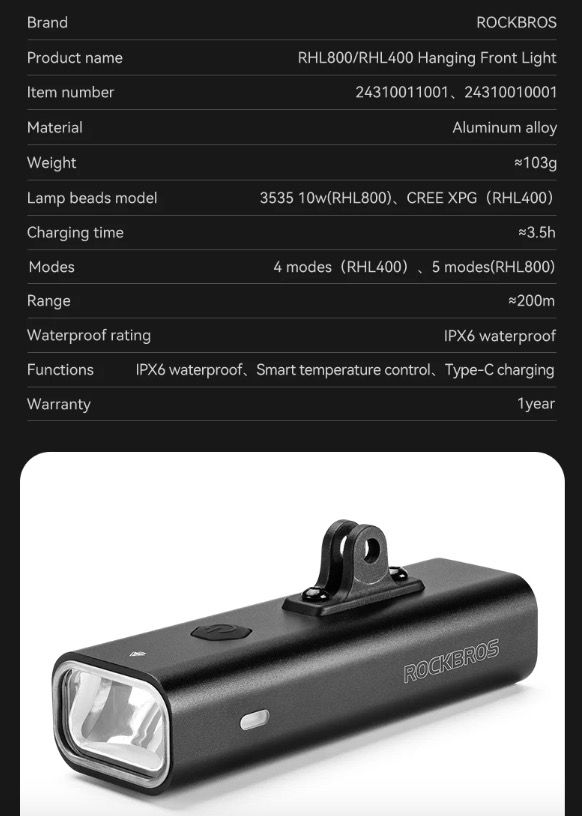 ROCKBROS RHL-1000LUMEN Bike Front Light Rainproof LED Cycling Headlight Type-C Rechargeable for Night Riding