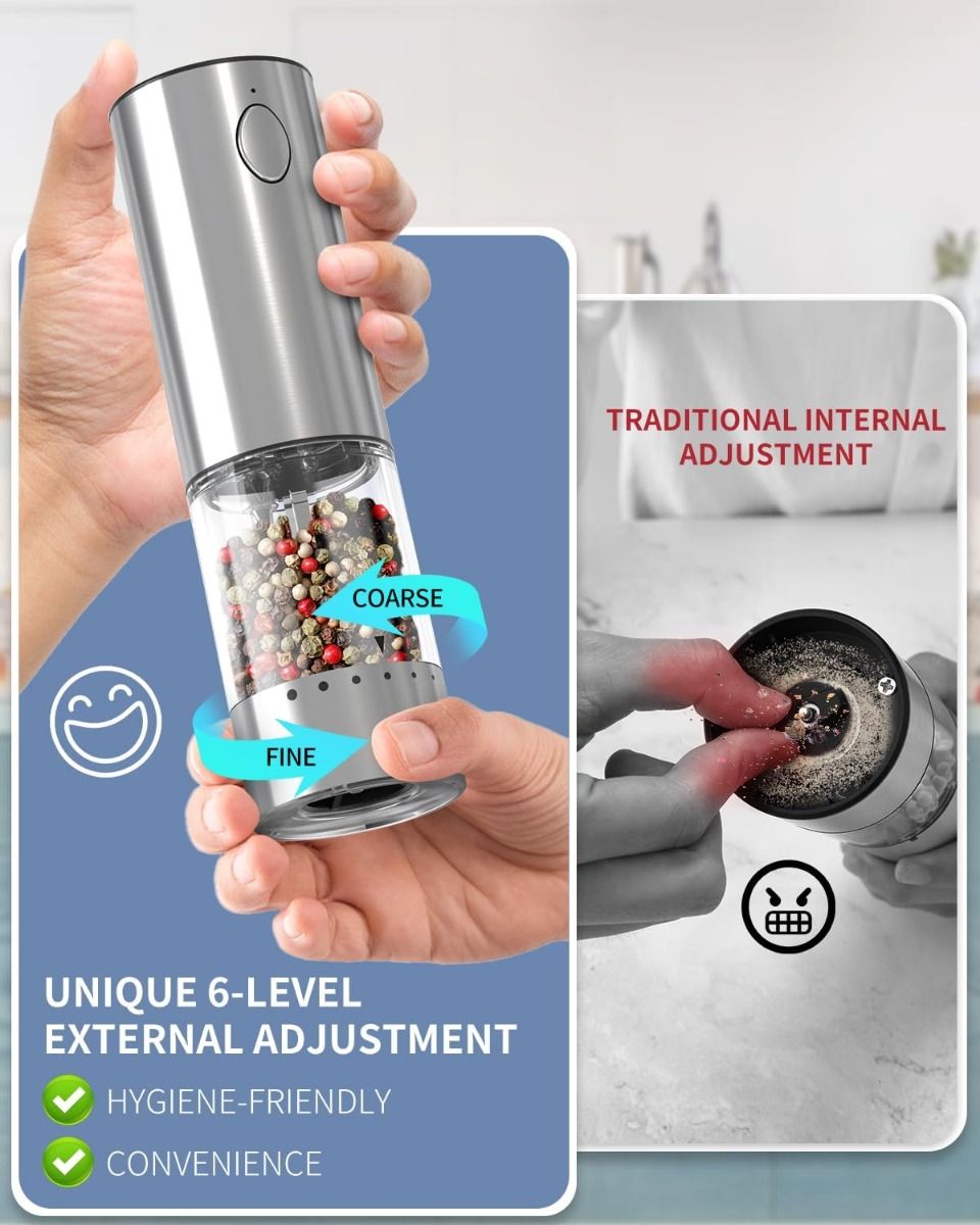 2-Speed Electric Salt and Pepper Grinder Set Rechargeable Stainless Steel Pepper Mills with Charging Base, 190ML Spice Mill Kitchen Tools