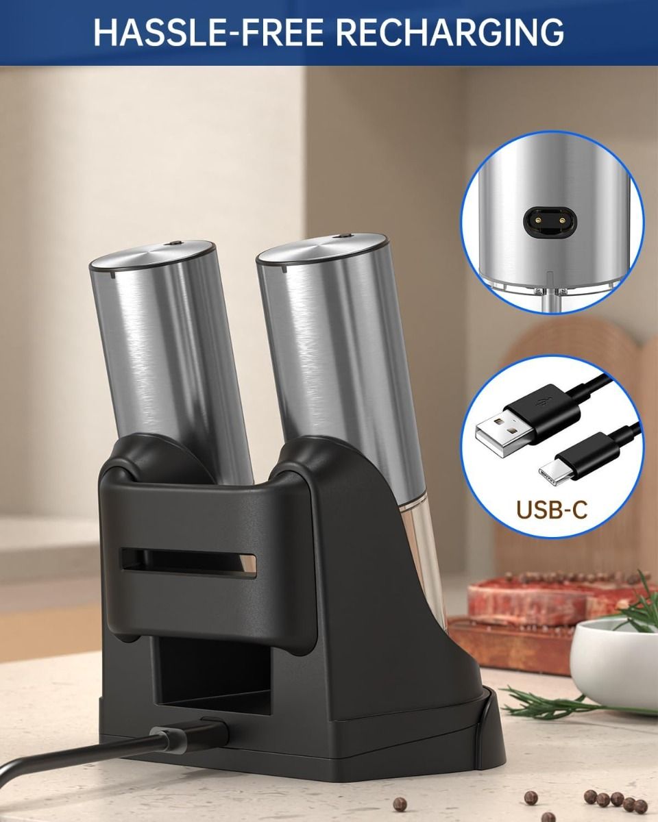 2-Speed Electric Salt and Pepper Grinder Set Rechargeable Stainless Steel Pepper Mills with Charging Base, 190ML Spice Mill Kitchen Tools
