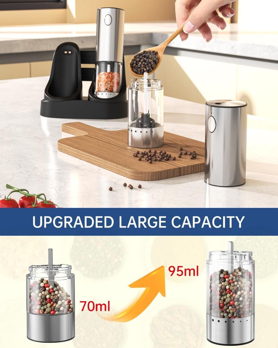 2-Speed Electric Salt and Pepper Grinder Set Rechargeable Stainless Steel Pepper Mills with Charging Base, 190ML Spice Mill Kitchen Tools