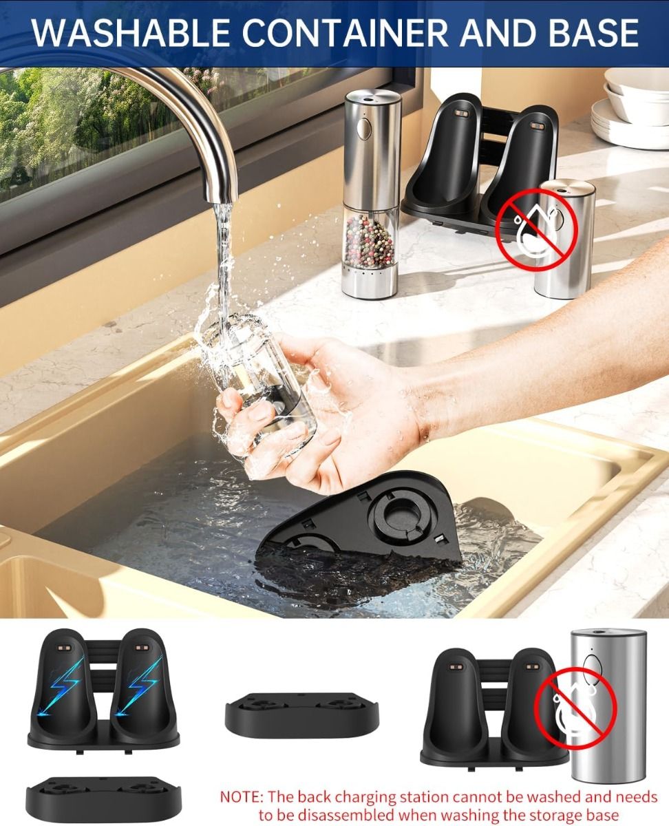 2-Speed Electric Salt and Pepper Grinder Set Rechargeable Stainless Steel Pepper Mills with Charging Base, 190ML Spice Mill Kitchen Tools