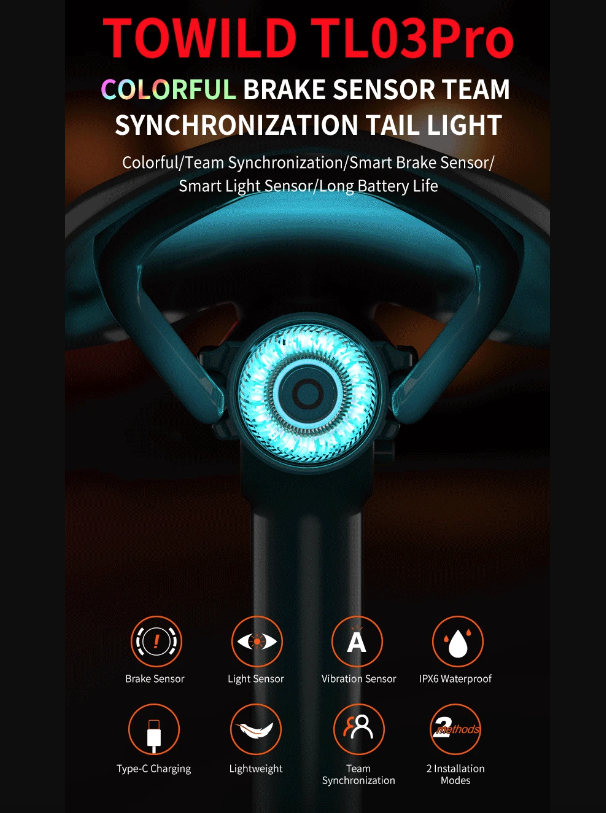 TOWILD TL03Pro LED Bicycle Rear Light Smart Brake Sensor Seven-Color Flash Durable Bike Accessory