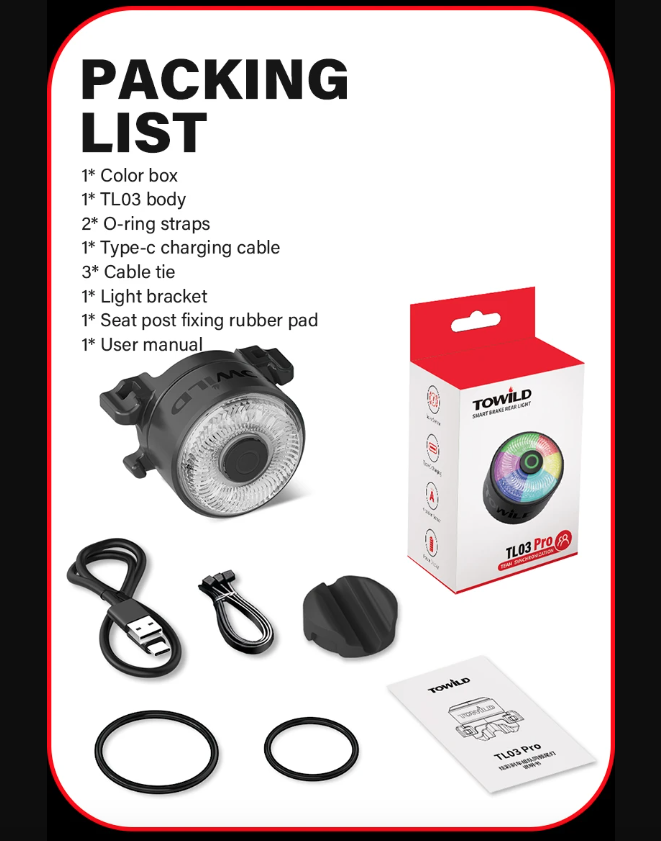 TOWILD TL03Pro LED Bicycle Rear Light Smart Brake Sensor Seven-Color Flash Durable Bike Accessory