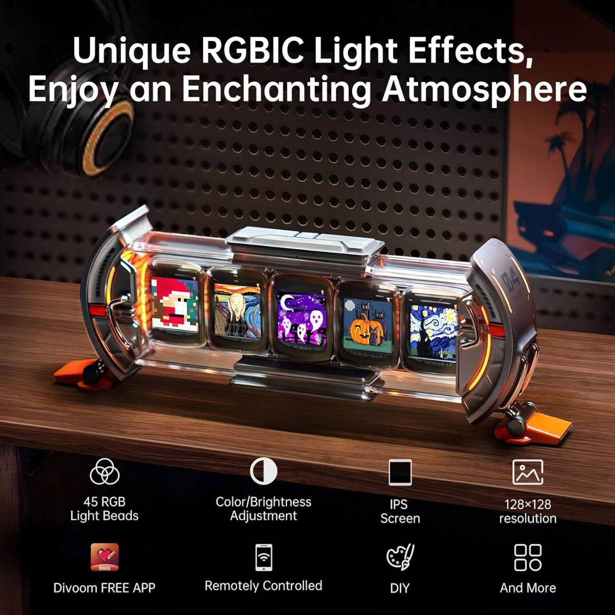 Divoom Times Gate - Cyberpunk Gaming Setup Digital Alarm Clock, Smart APP, WiFi Connect, RGB LED Display, Personalized Financial & Bitcoin Dashboard, Pixel Art for Gaming Room & Office Decor