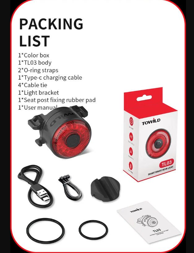 TOWILD TL03 Bicycle Smart Auto Brake Sensing Light LED Taillight Bike Accessories with Five Flash Modes