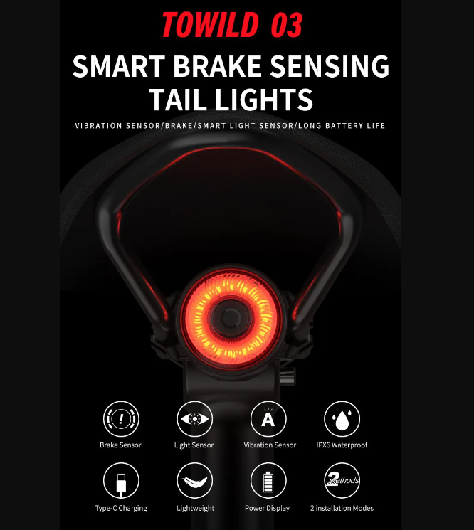 TOWILD TL03 Bicycle Smart Auto Brake Sensing Light LED Taillight Bike Accessories with Five Flash Modes