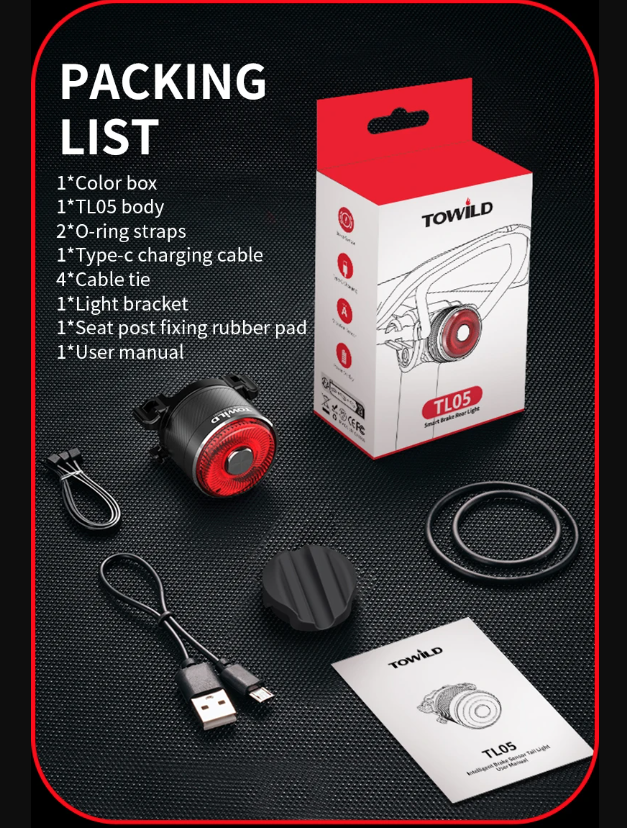 TOWILD TL05 Rear Light Smart Auto Brake Sensing IPX6 Waterproof Bicycle Safety Light with 100 Hour Battery