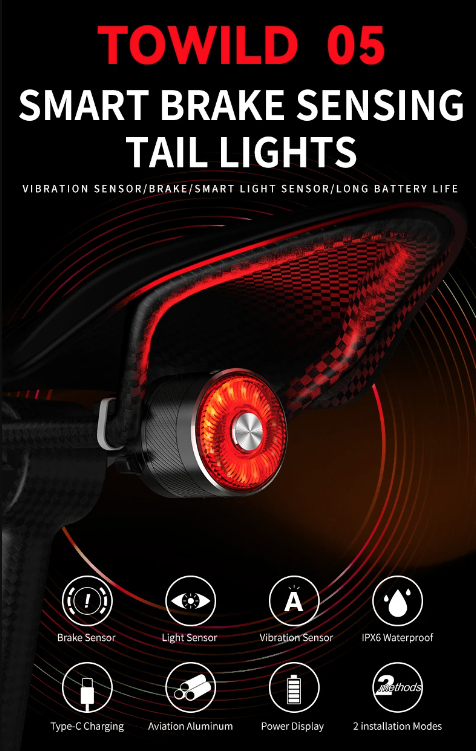 TOWILD TL05 Rear Light Smart Auto Brake Sensing IPX6 Waterproof Bicycle Safety Light with 100 Hour Battery