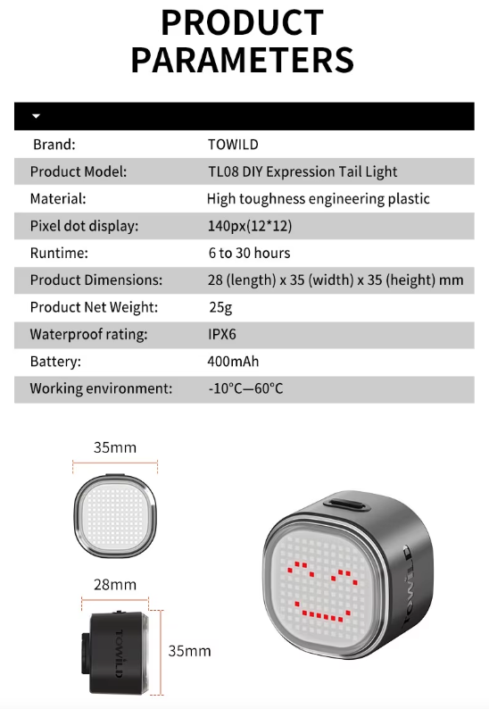 TOWILD TL08 Bike Tail Light, Customized Patterns Full-Color Bike Rear Light, Brake Sensing, USB-C Rechargeable Bicycle Taillights