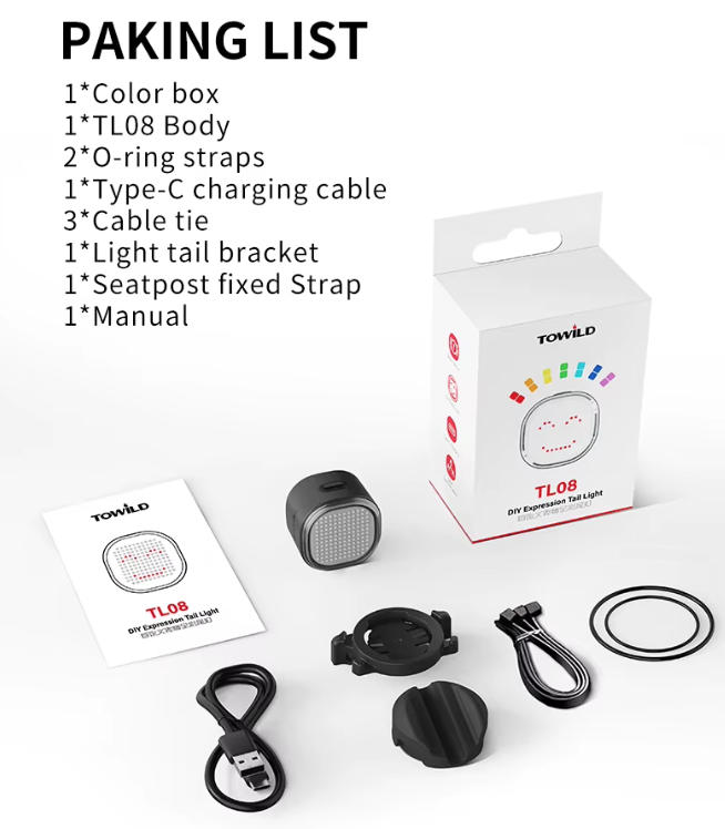 TOWILD TL08 Bike Tail Light, Customized Patterns Full-Color Bike Rear Light, Brake Sensing, USB-C Rechargeable Bicycle Taillights