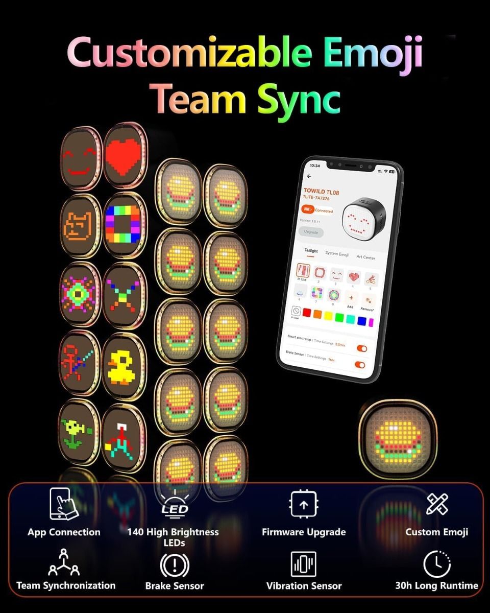 TOWILD TL08 Bike Tail Light, Customized Patterns Full-Color Bike Rear Light, Brake Sensing, USB-C Rechargeable Bicycle Taillights