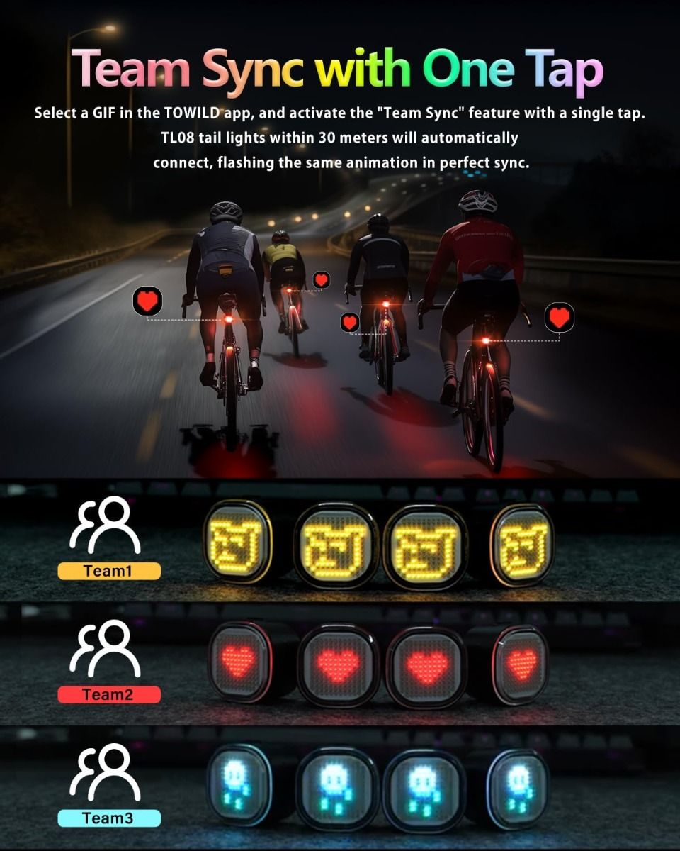 TOWILD TL08 Bike Tail Light, Customized Patterns Full-Color Bike Rear Light, Brake Sensing, USB-C Rechargeable Bicycle Taillights