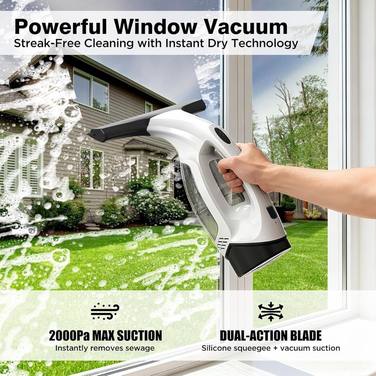 Cordless Window Vacuum Squeegee, 2000Pa Suction, 2200mAh, 150ml Tank for Glass, Mirrors, Tiles