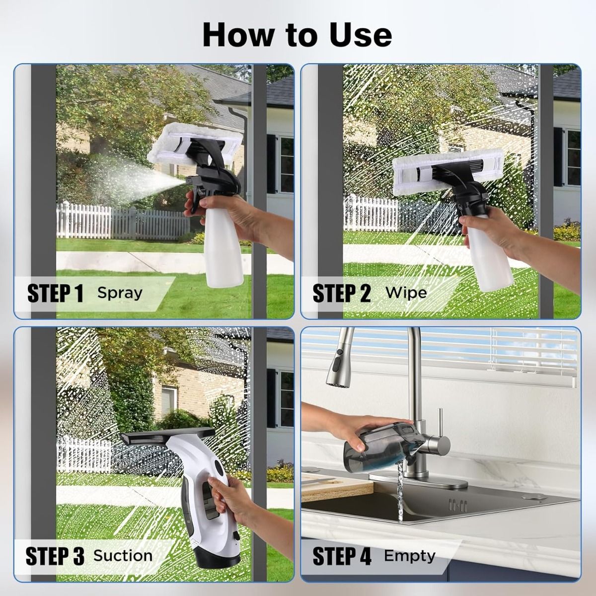 Cordless Window Vacuum Squeegee, 2000Pa Suction, 2200mAh, 150ml Tank for Glass, Mirrors, Tiles